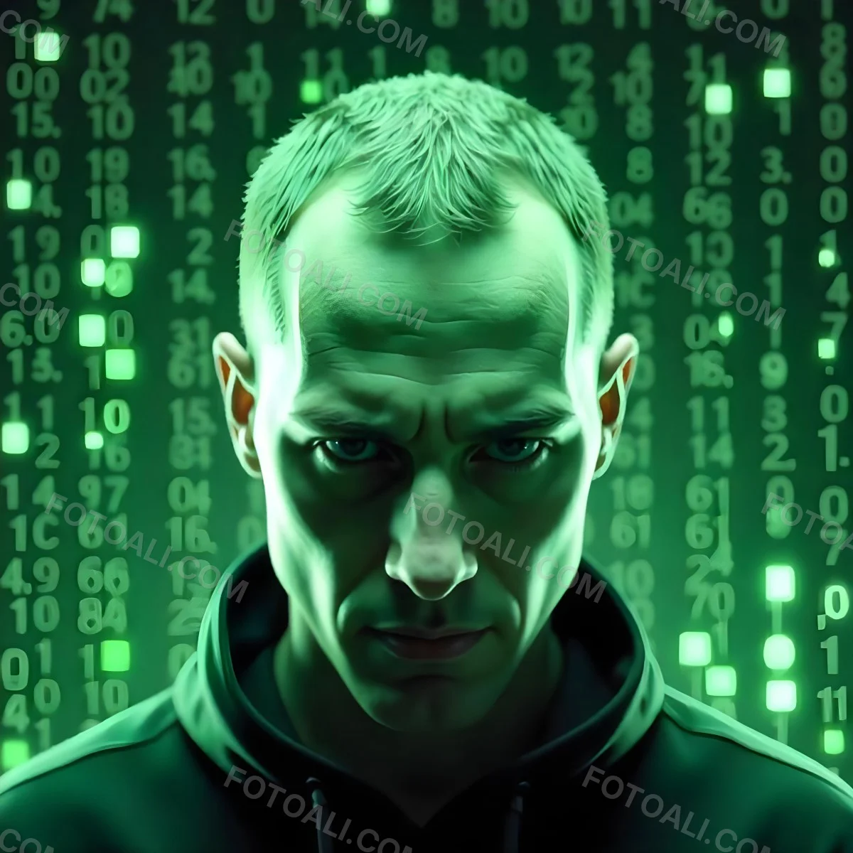 A White Man 35 Years Old With Short Dark Hair A Brain With Green Matrix Code Index Finger On The Head Matrix Code Background 4 Dd56