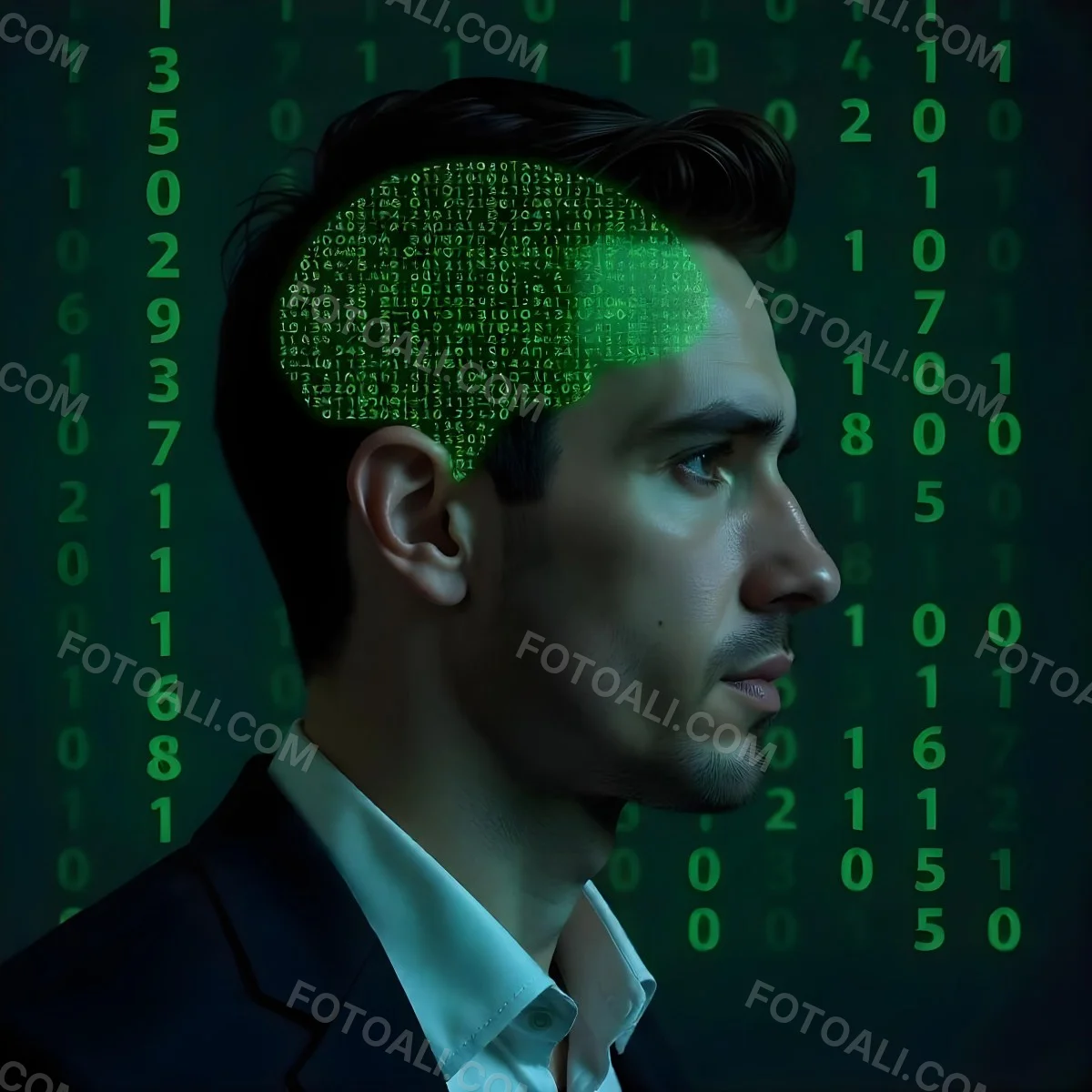 A White Man 35 Years Old With Short Dark Hair A Brain With Green Matrix Code Index Finger On The Head Matrix Code Background 5 0229