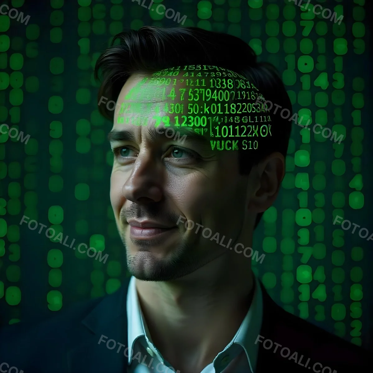 A White Man 35 Years Old With Short Dark Hair A Brain With Green Matrix Code Index Finger On The Head Matrix Code Background 6 04c9