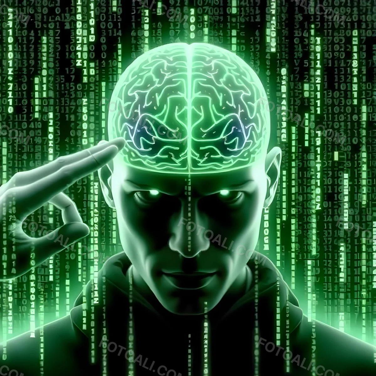 A White Man 35 Years Old With Short Dark Hair A Brain With Green Matrix Code Index Finger On The Head Matrix Code Background 7 0204