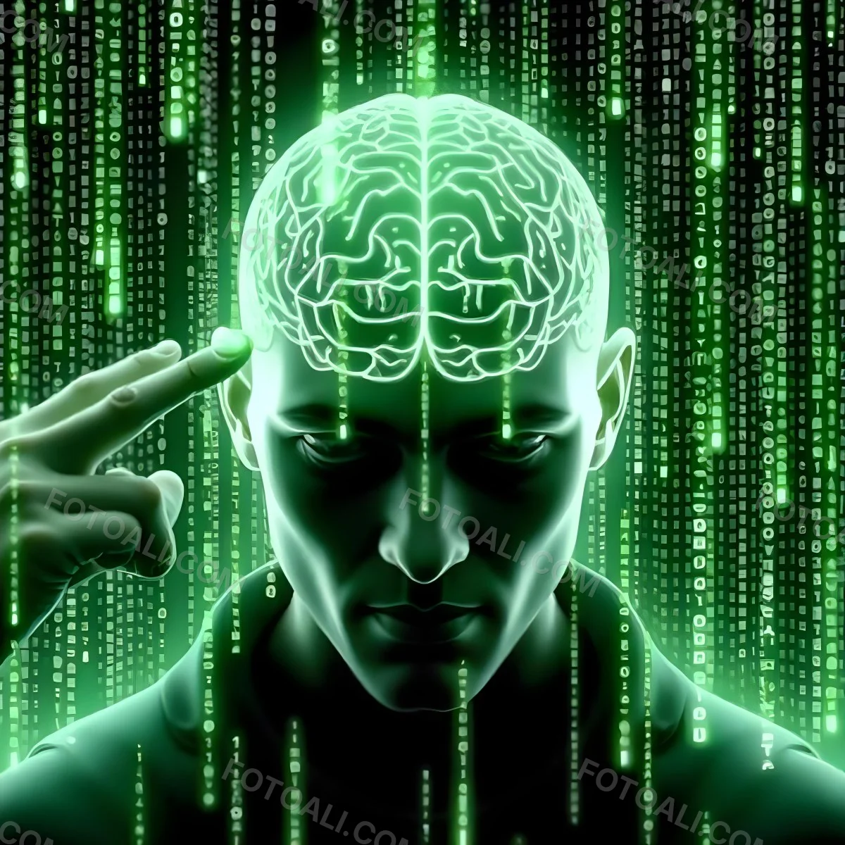 A White Man 35 Years Old With Short Dark Hair A Brain With Green Matrix Code Index Finger On The Head Matrix Code Background 8 E914