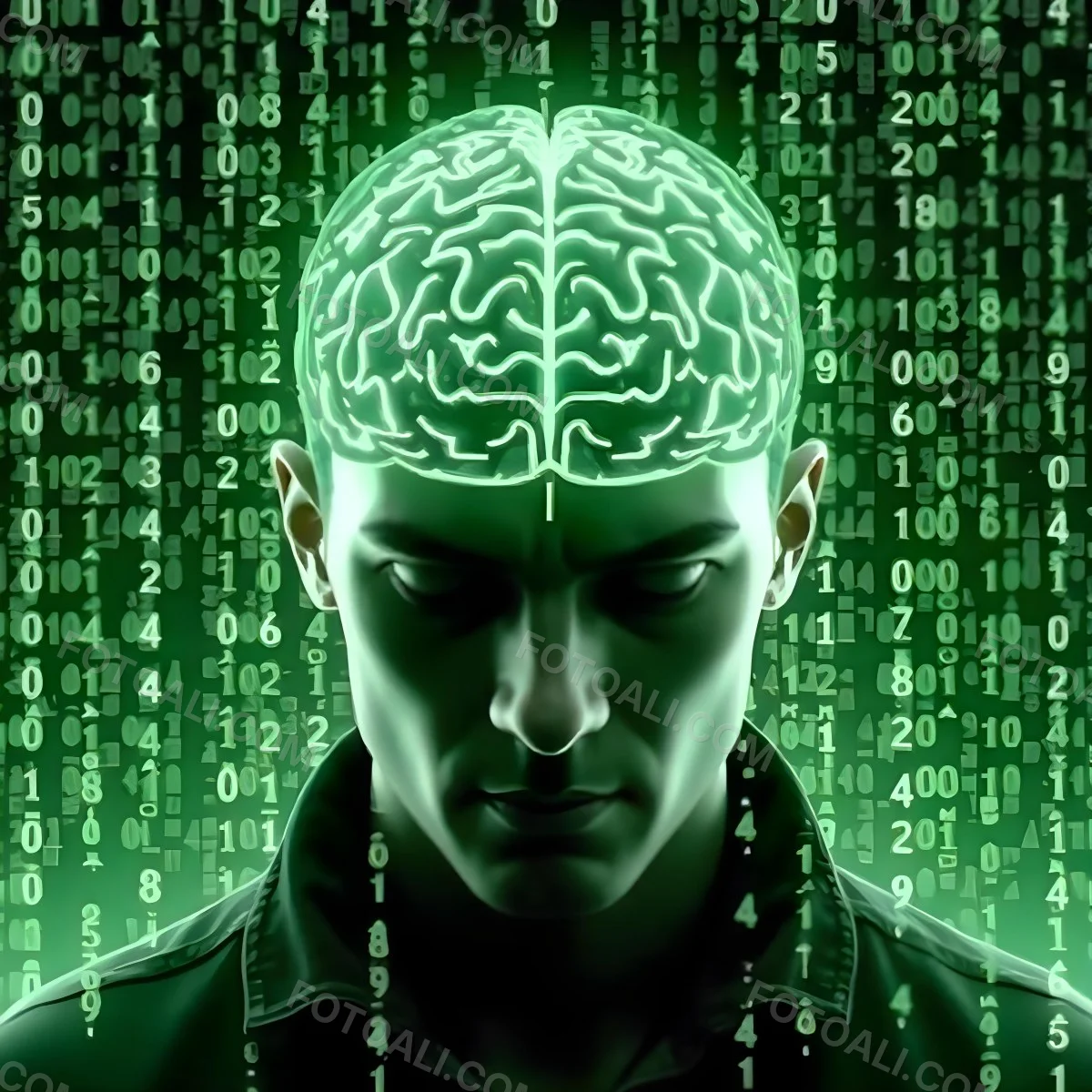 A White Man 35 Years Old With Short Dark Hair A Brain With Green Matrix Code Index Finger On The Head Matrix Code Background 9 159c