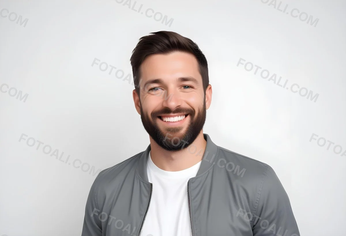 A White Man 35 Years Old With Short Dark Hair And A Beard Wearing A White T Shirt And A Gray Jacket Smiling In A White Background 11 Fbdd