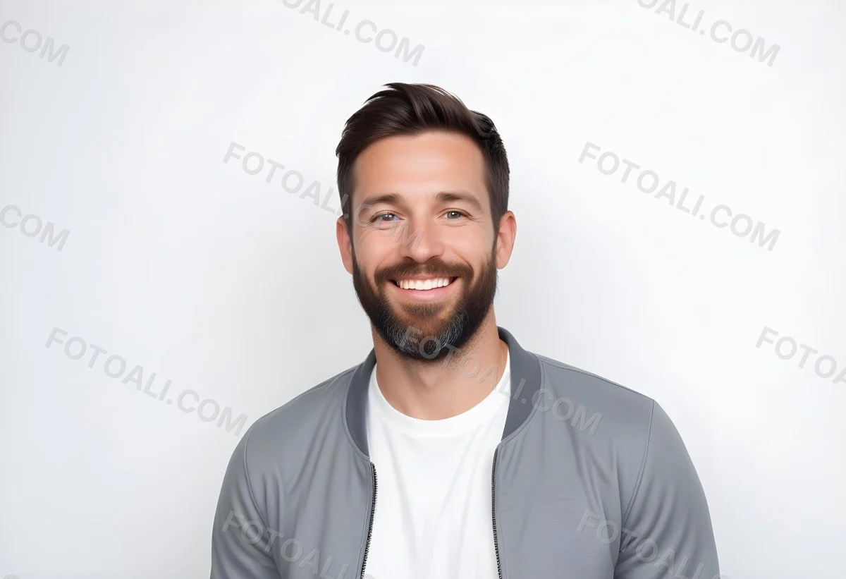 A White Man 35 Years Old With Short Dark Hair And A Beard Wearing A White T Shirt And A Gray Jacket Smiling In A White Background 12 62ce