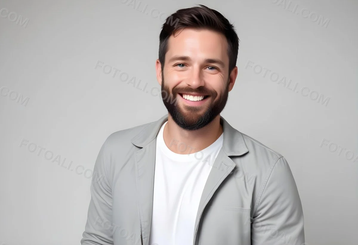 A White Man 35 Years Old With Short Dark Hair And A Beard Wearing A White T Shirt And A Gray Jacket Smiling In A White Background 14 Dc2c