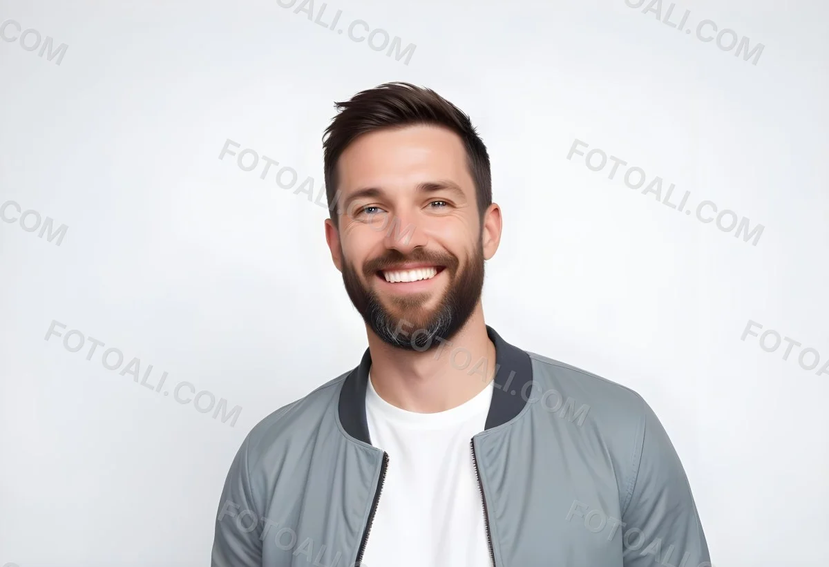 A White Man 35 Years Old With Short Dark Hair And A Beard Wearing A White T Shirt And A Gray Jacket Smiling In A White Background 22 306f