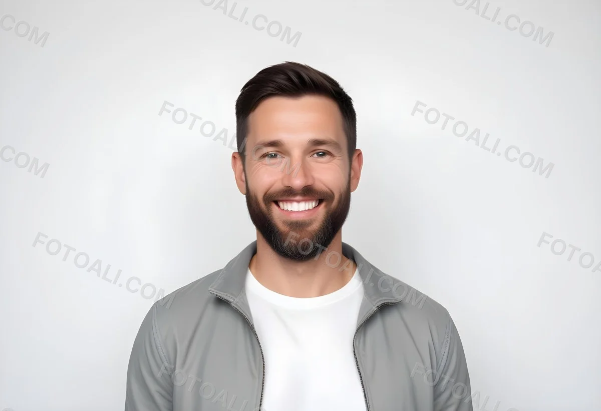 A White Man 35 Years Old With Short Dark Hair And A Beard Wearing A White T Shirt And A Gray Jacket Smiling In A White Background 29 0e5e