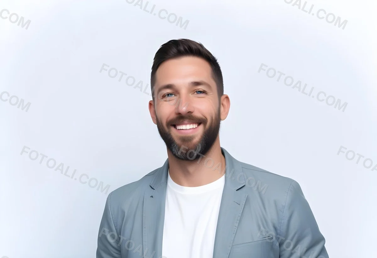 A White Man 35 Years Old With Short Dark Hair And A Beard Wearing A White T Shirt And A Gray Jacket Smiling In A White Background 32 4e14