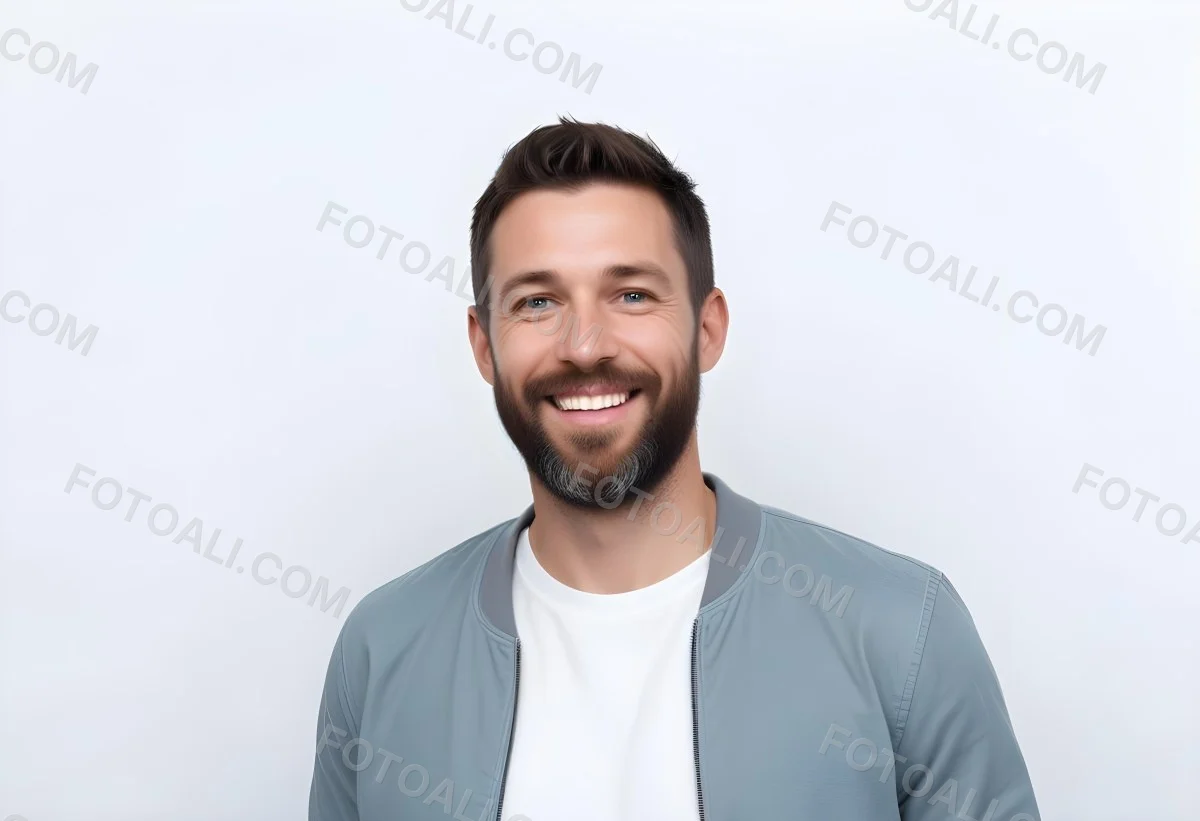 A White Man 35 Years Old With Short Dark Hair And A Beard Wearing A White T Shirt And A Gray Jacket Smiling In A White Background 33 9400