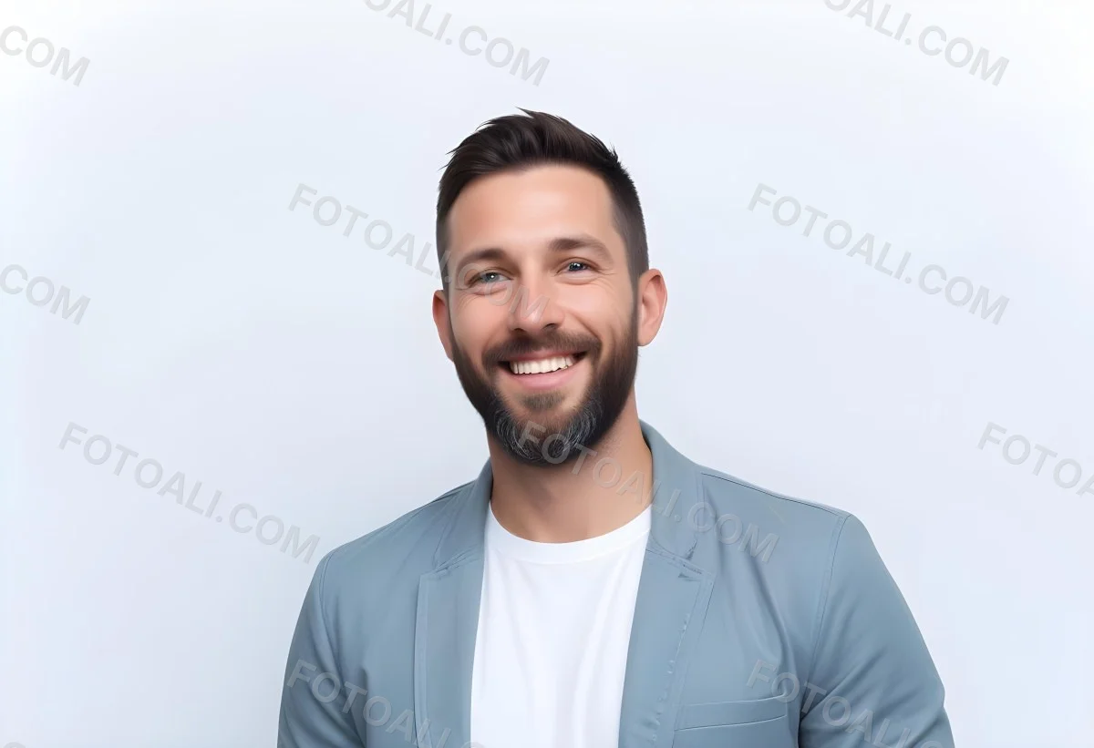 A White Man 35 Years Old With Short Dark Hair And A Beard Wearing A White T Shirt And A Gray Jacket Smiling In A White Background 38 E3ef