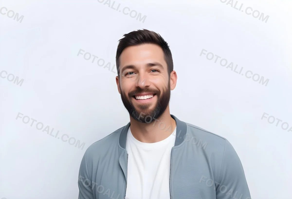 A White Man 35 Years Old With Short Dark Hair And A Beard Wearing A White T Shirt And A Gray Jacket Smiling In A White Background 5 1fdd