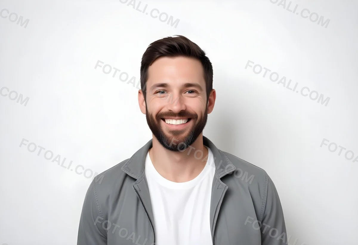 A White Man 35 Years Old With Short Dark Hair And A Beard Wearing A White T Shirt And A Gray Jacket Smiling In A White Background 6 069d