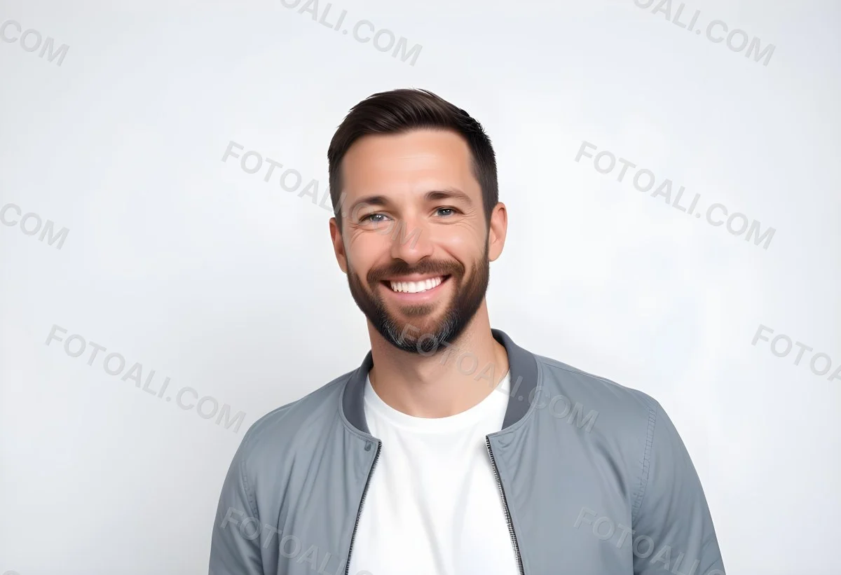 A White Man 35 Years Old With Short Dark Hair And A Beard Wearing A White T Shirt And A Gray Jacket Smiling In A White Background 7 870d