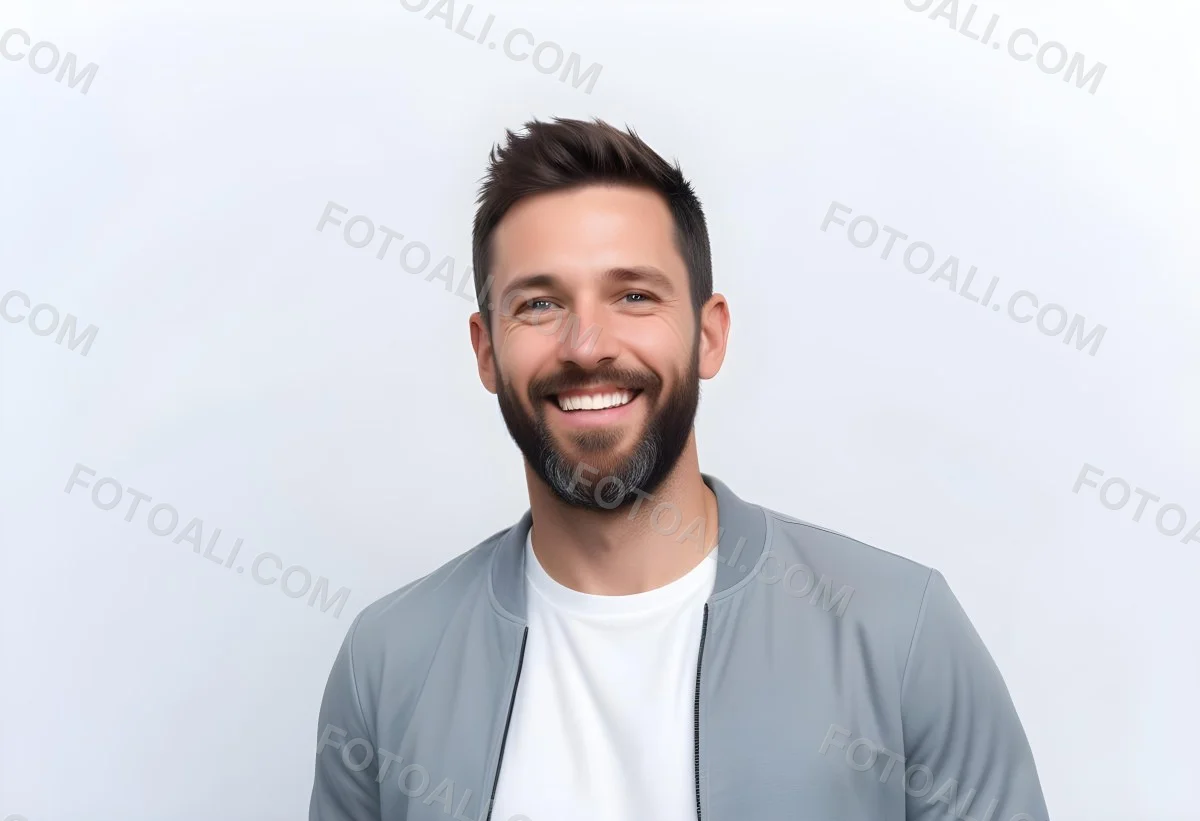 A White Man 35 Years Old With Short Dark Hair And A Beard Wearing A White T Shirt And A Gray Jacket Smiling In A White Background 9 8cbe