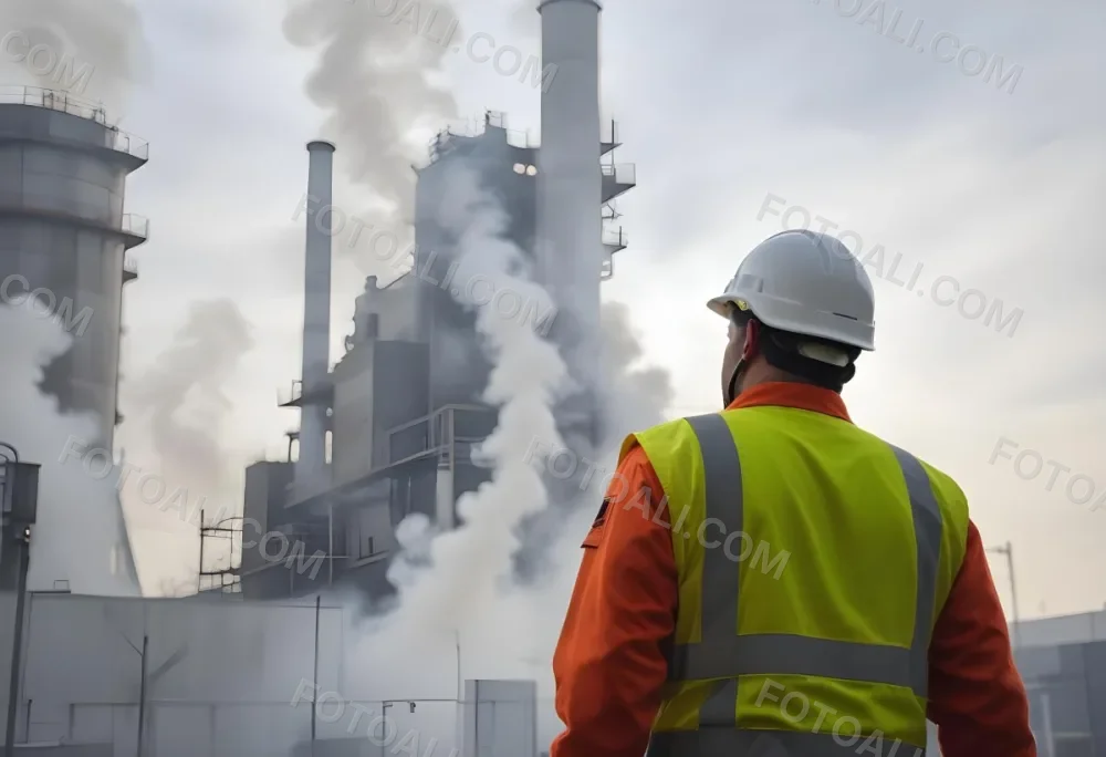 A White Man 40 Years Old With A White Helmet And White Uniform Looking At A Factory With Smoke Coming Out Of The Chimneys 10 0f9e