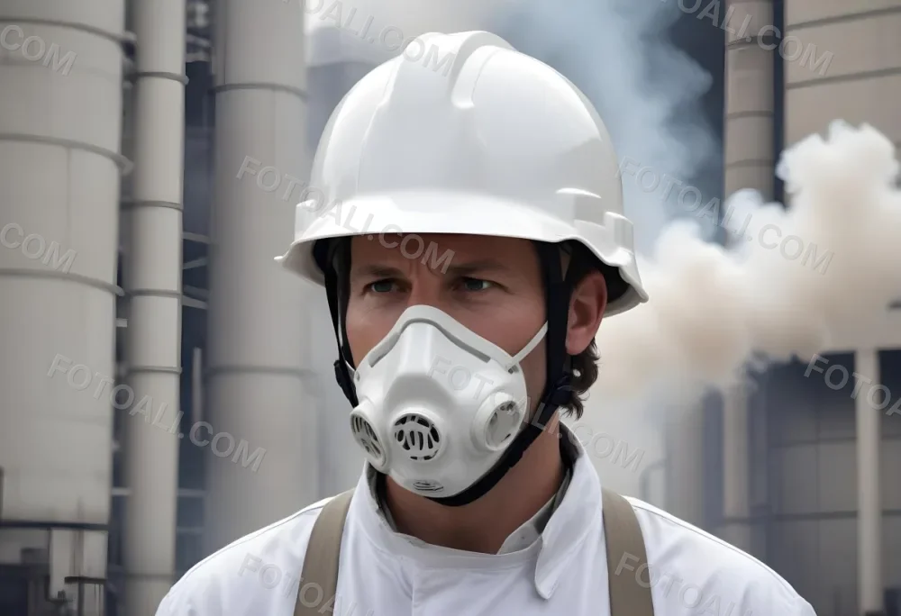 A White Man 40 Years Old With A White Helmet And White Uniform Looking At A Factory With Smoke Coming Out Of The Chimneys 11 Bc70