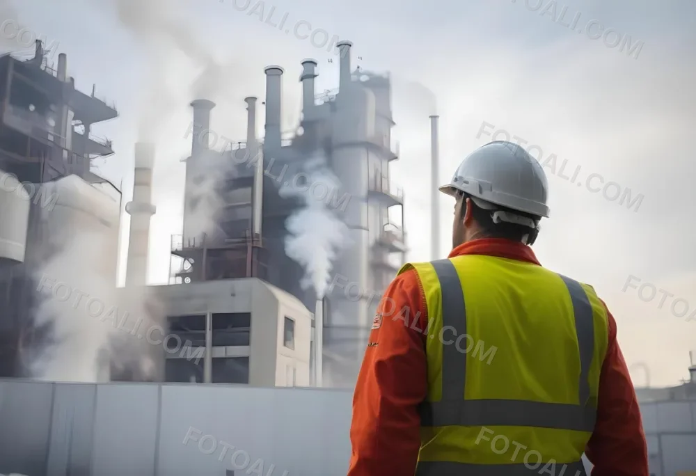 A White Man 40 Years Old With A White Helmet And White Uniform Looking At A Factory With Smoke Coming Out Of The Chimneys 15 C59f
