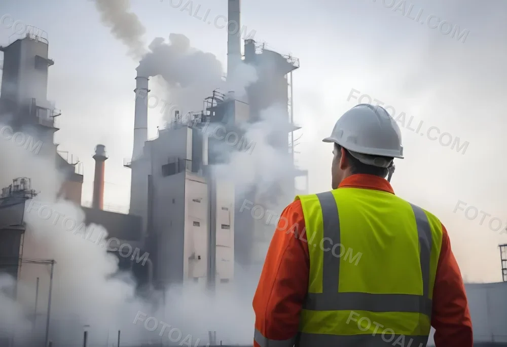 A White Man 40 Years Old With A White Helmet And White Uniform Looking At A Factory With Smoke Coming Out Of The Chimneys 24 E4bc