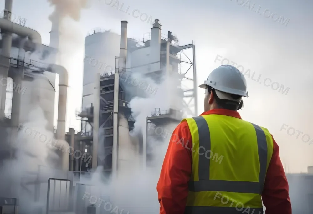 A White Man 40 Years Old With A White Helmet And White Uniform Looking At A Factory With Smoke Coming Out Of The Chimneys 28 3f2e