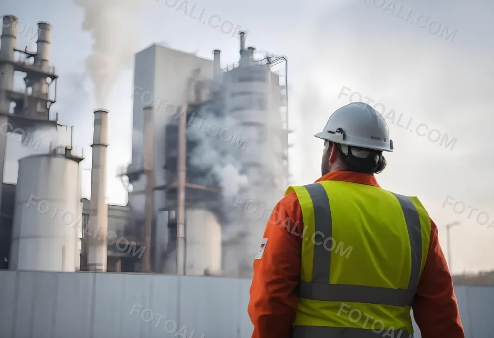 A White Man 40 Years Old With A White Helmet And White Uniform Looking At A Factory With Smoke Coming Out Of The Chimneys 29 1ee8