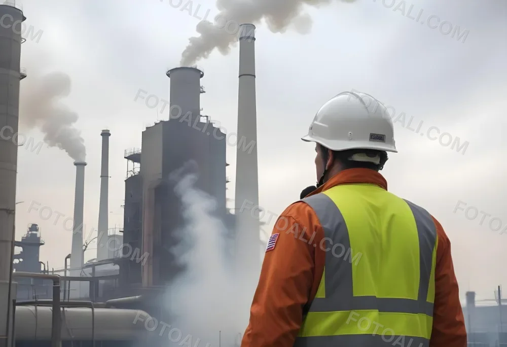 A White Man 40 Years Old With A White Helmet And White Uniform Looking At A Factory With Smoke Coming Out Of The Chimneys 3 D01c