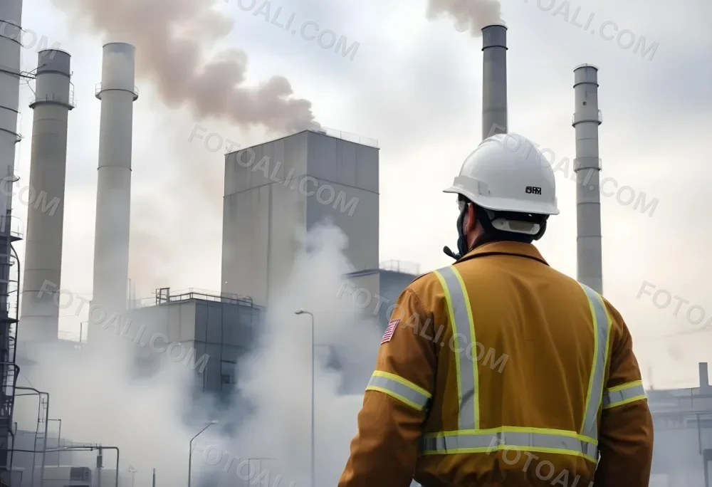 A White Man 40 Years Old With A White Helmet And White Uniform Looking At A Factory With Smoke Coming Out Of The Chimneys 4 Ac57