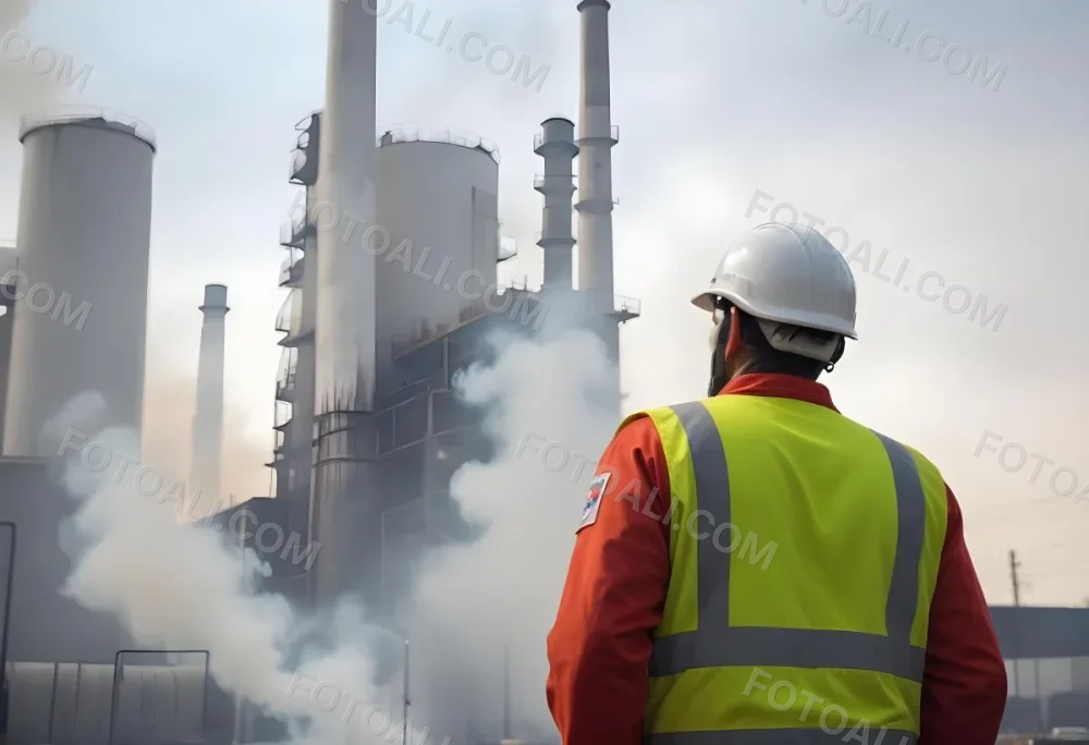 A White Man 40 Years Old With A White Helmet And White Uniform Looking At A Factory With Smoke Coming Out Of The Chimneys 7 016c