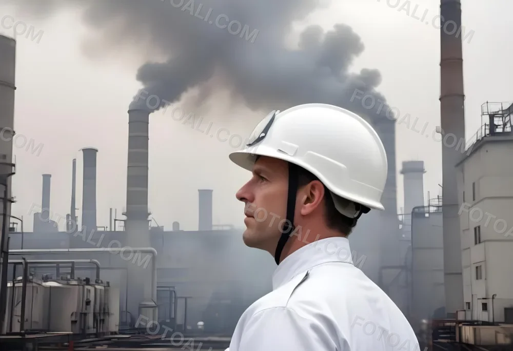 A White Man 40 Years Old With A White Helmet And White Uniform Looking At A Factory With Smoke Coming Out Of The Chimneys 8 60dd
