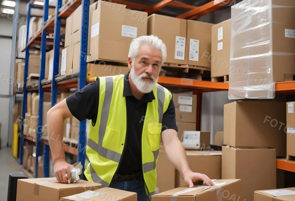 A White Man 55 Years Old White Hair And Beard Packing Boxes With A Tape Dispenser Wearing A Yellow Safety Vest In A Warehouse 10 Eb0f