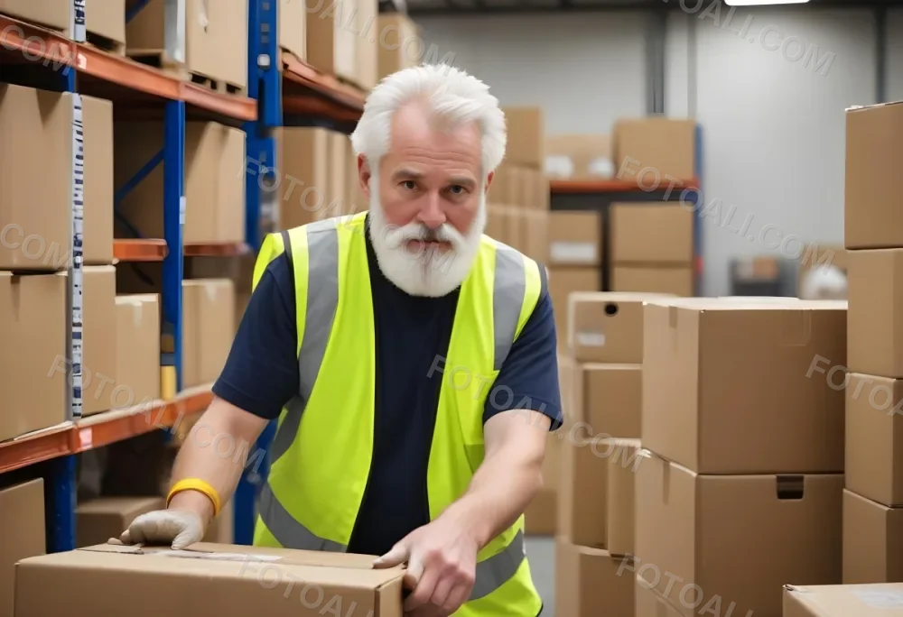 A White Man 55 Years Old White Hair And Beard Packing Boxes With A Tape Dispenser Wearing A Yellow Safety Vest In A Warehouse 11 533d
