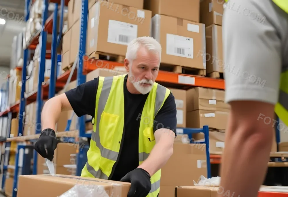 A White Man 55 Years Old White Hair And Beard Packing Boxes With A Tape Dispenser Wearing A Yellow Safety Vest In A Warehouse 14 76e1