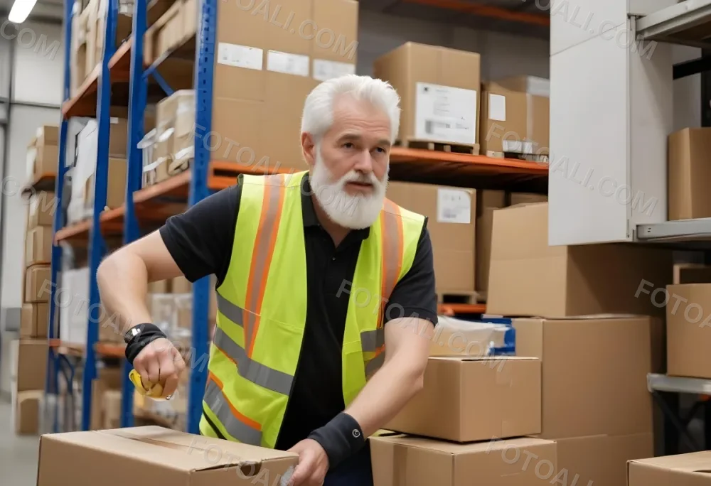 A White Man 55 Years Old White Hair And Beard Packing Boxes With A Tape Dispenser Wearing A Yellow Safety Vest In A Warehouse 16 79f8