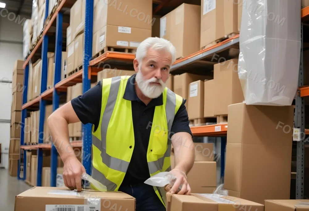 A White Man 55 Years Old White Hair And Beard Packing Boxes With A Tape Dispenser Wearing A Yellow Safety Vest In A Warehouse 17 9210