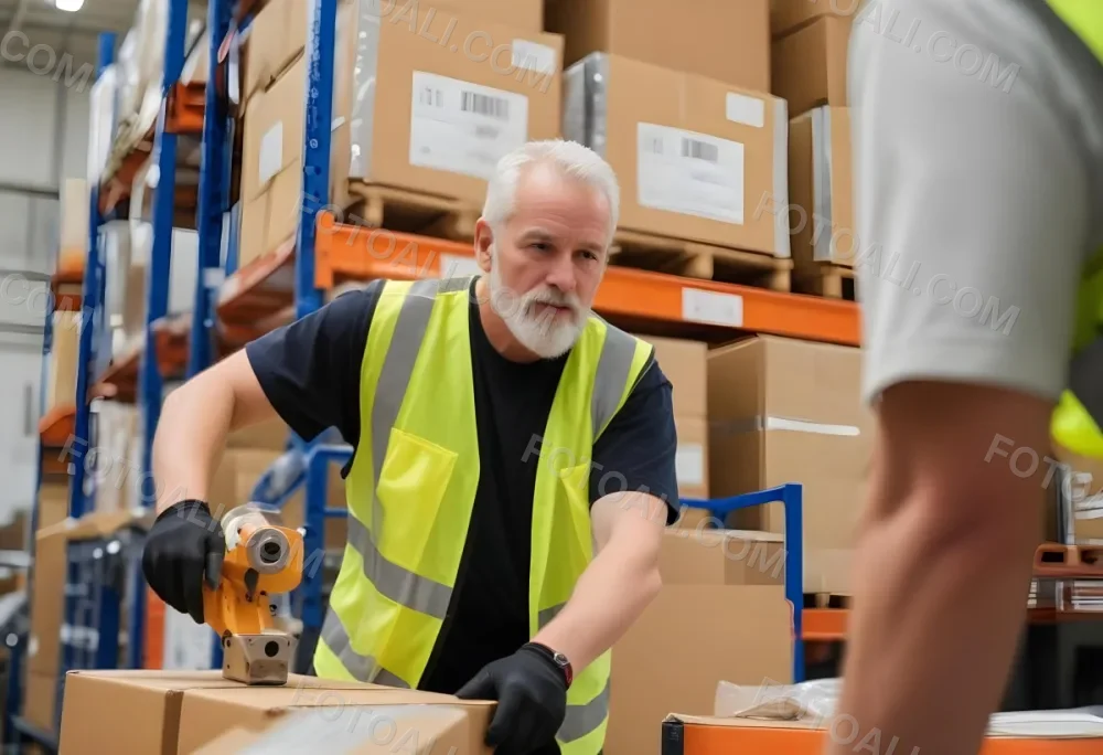 A White Man 55 Years Old White Hair And Beard Packing Boxes With A Tape Dispenser Wearing A Yellow Safety Vest In A Warehouse 18 5d2b