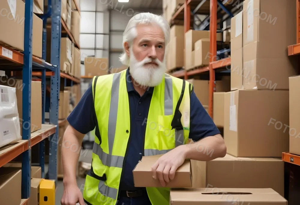 A White Man 55 Years Old White Hair And Beard Packing Boxes With A Tape Dispenser Wearing A Yellow Safety Vest In A Warehouse 3 D416