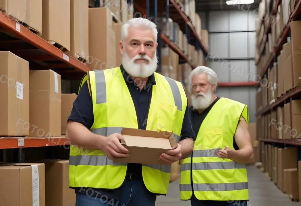 A White Man 55 Years Old White Hair And Beard Packing Boxes With A Tape Dispenser Wearing A Yellow Safety Vest In A Warehouse 4 Ebae