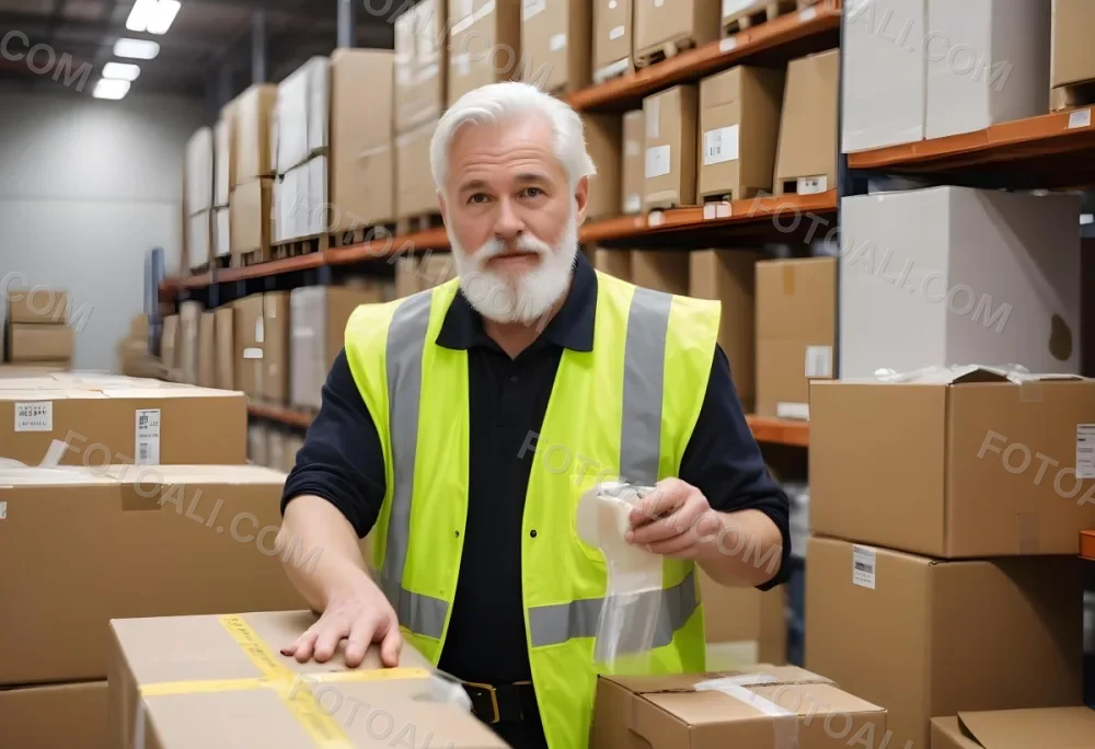 A White Man 55 Years Old White Hair And Beard Packing Boxes With A Tape Dispenser Wearing A Yellow Safety Vest In A Warehouse 5 Bacd