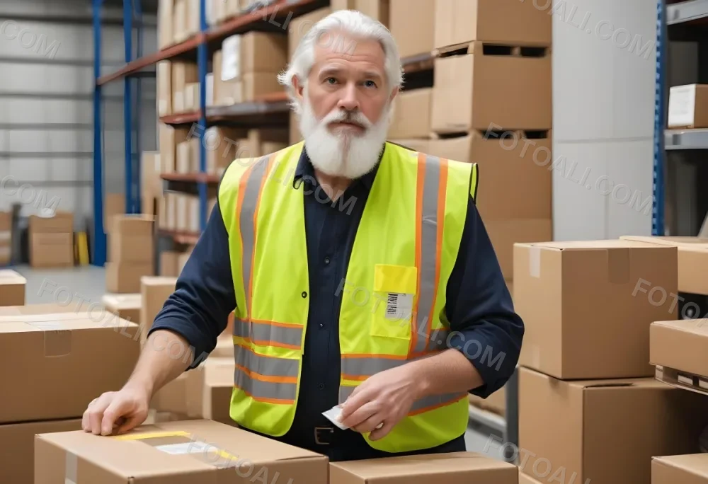 A White Man 55 Years Old White Hair And Beard Packing Boxes With A Tape Dispenser Wearing A Yellow Safety Vest In A Warehouse 6 50f9