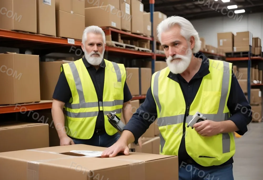 A White Man 55 Years Old White Hair And Beard Packing Boxes With A Tape Dispenser Wearing A Yellow Safety Vest In A Warehouse 9 2306