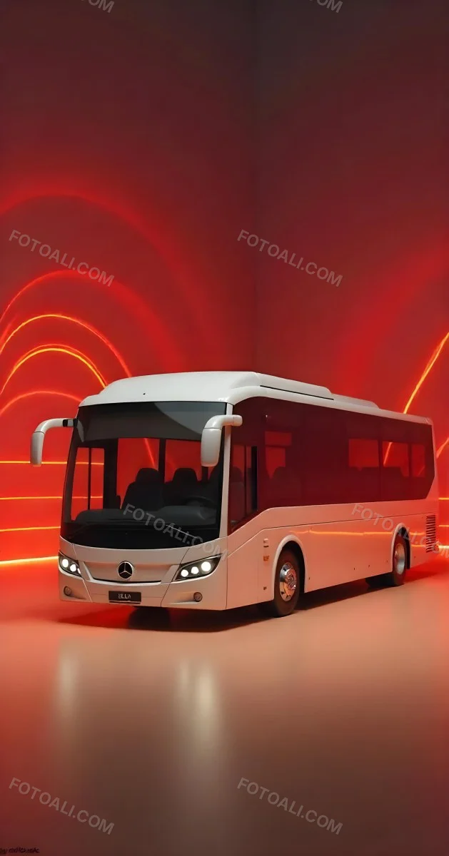 A White Mercedes Benz Tourismo Bus With Black Windows And A White Background With Neon Lights 13 74b3