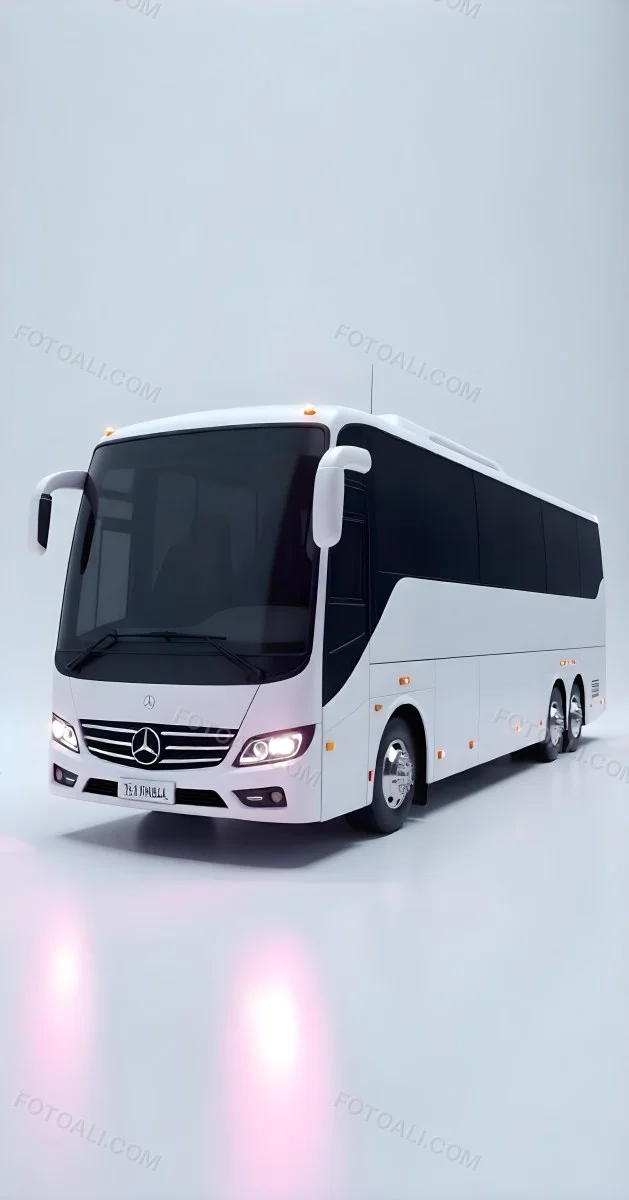A White Mercedes Benz Tourismo Bus With Black Windows And A White Background With Neon Lights 7 5e74
