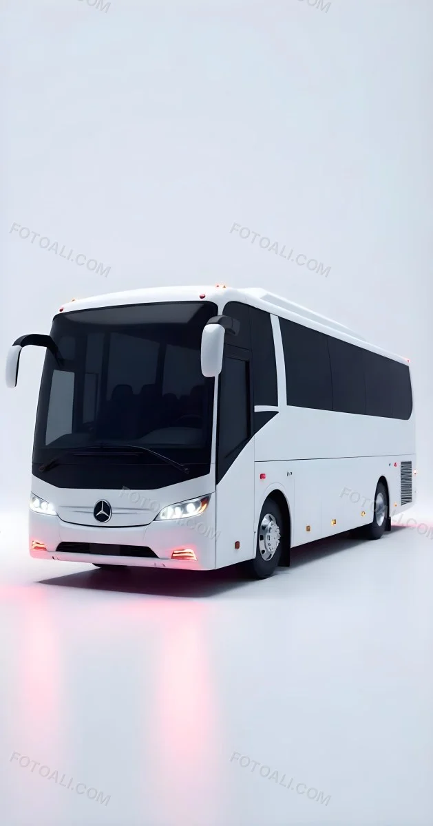 A White Mercedes Benz Tourismo Bus With Black Windows And A White Background With Neon Lights 8 2bf6
