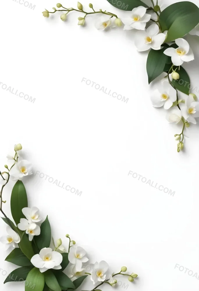 A White Orchid Flower With Green Leaves On A White Background 1 8def