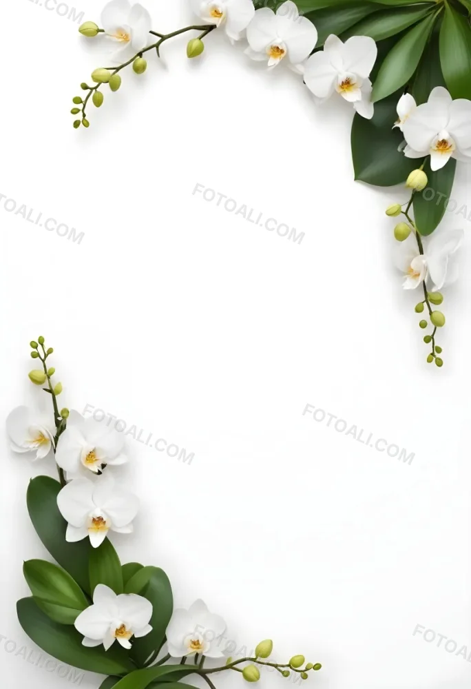 A White Orchid Flower With Green Leaves On A White Background 2 F111