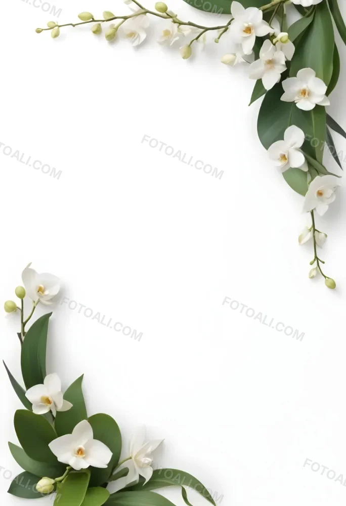 A White Orchid Flower With Green Leaves On A White Background 4 Ee10