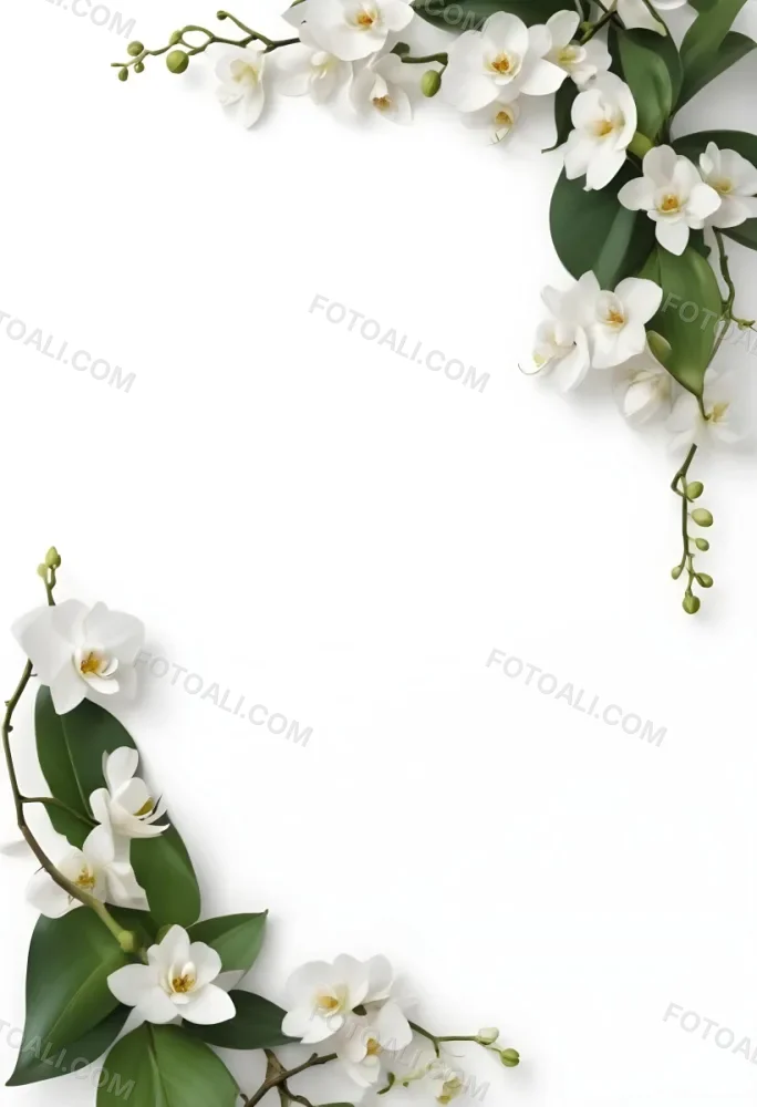 A White Orchid Flower With Green Leaves On A White Background 5 C8e7