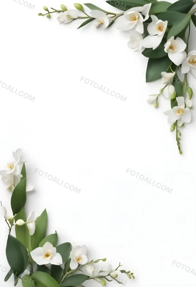 A White Orchid Flower With Green Leaves On A White Background 6 7a78