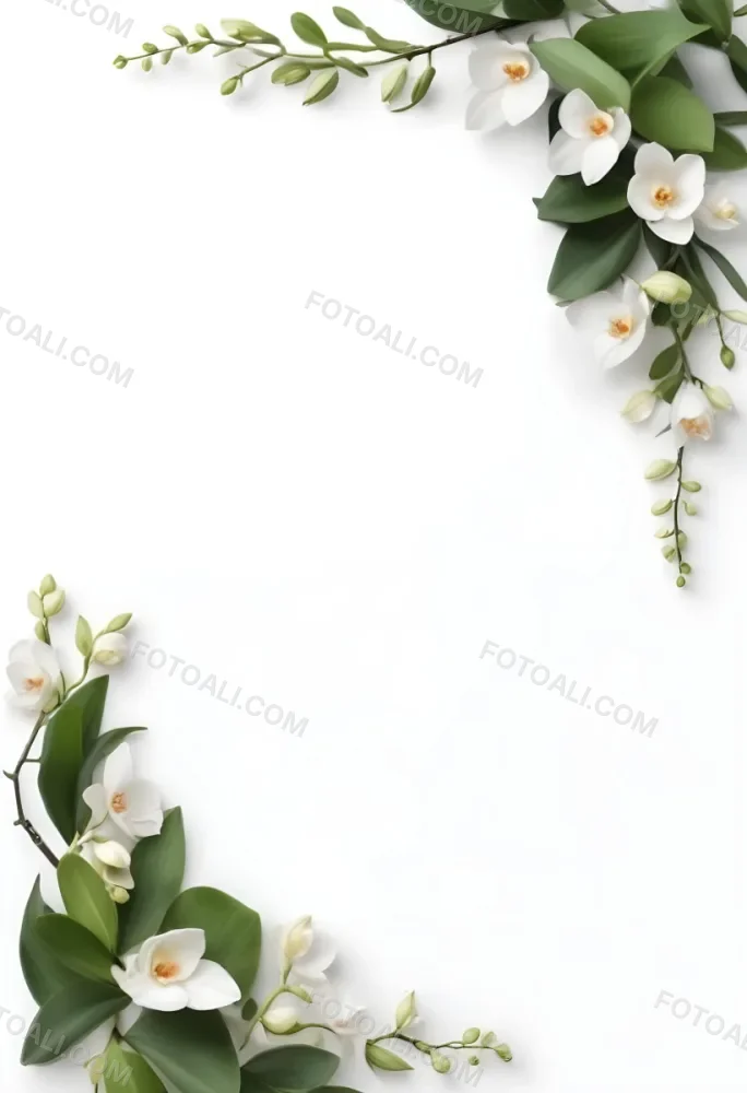 A White Orchid Flower With Green Leaves On A White Background 7 9bab