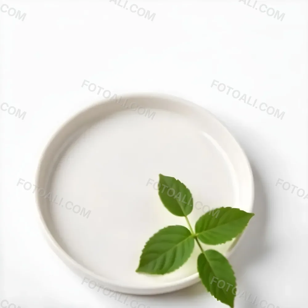A White Plate With A Green Branch On Top Of It In A White Background 16 8d26