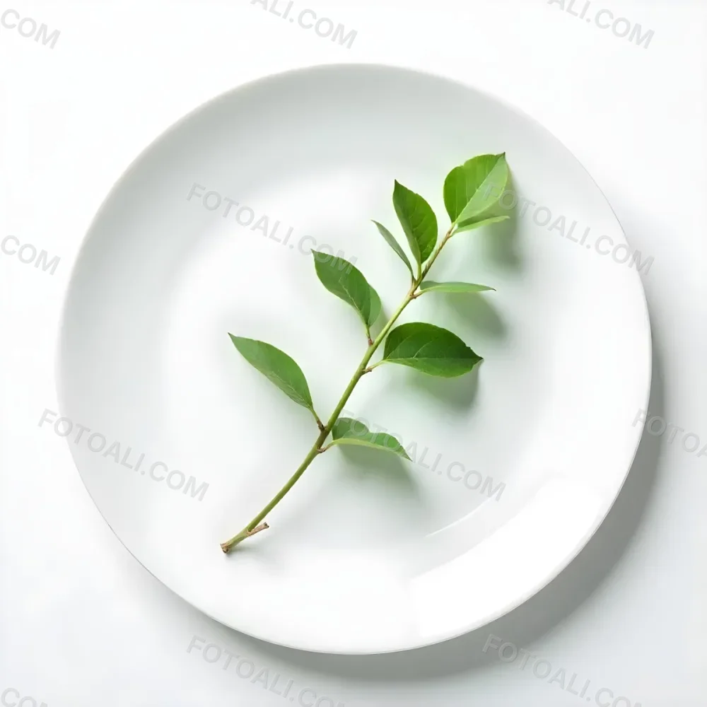 A White Plate With A Green Branch On Top Of It In A White Background 21 4c94